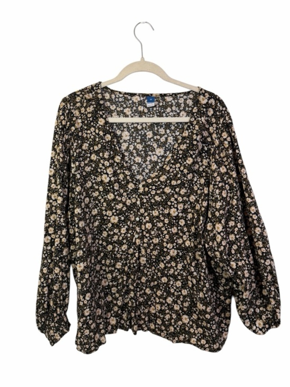 Old Navy Black Floral V Neck Cottage Core Puff Long Sleeve Lightweight - Picture 1 of 8